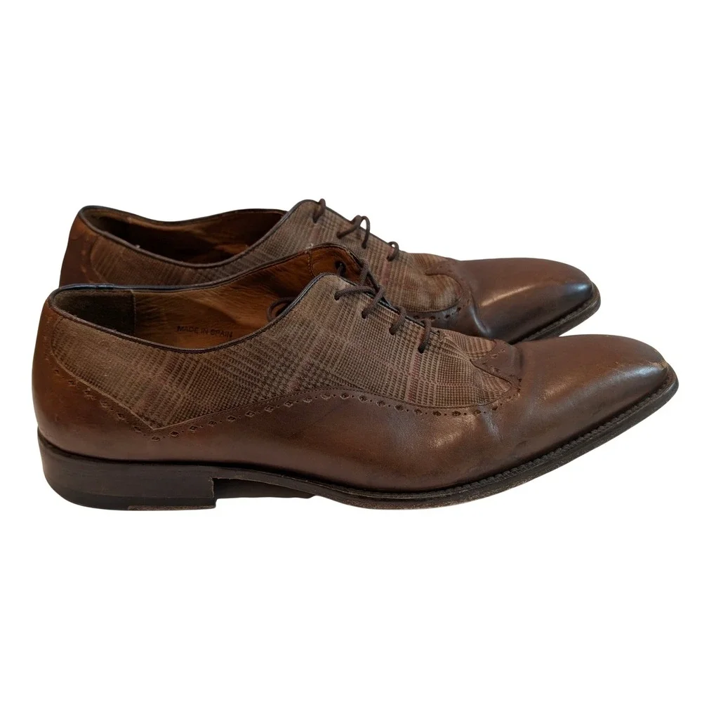 Mezlan Mens Brown Leather Glen Plaid Fabric Wingtip Oxford Dress Shoes 10 M‎